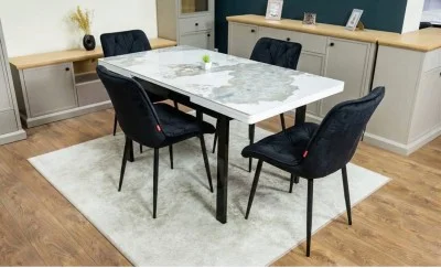 Set Masă Living Extensibilă Blat Ceramic KJT416 Alb-Cappuccino cu 4 Scaune KJC0357 Negre