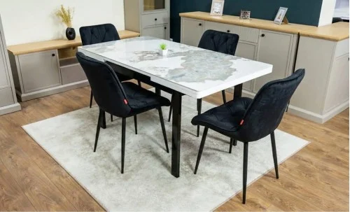 Set Masă Living Extensibilă Blat Ceramic KJT416 Alb-Cappuccino cu 4 Scaune KJC0357 Negre