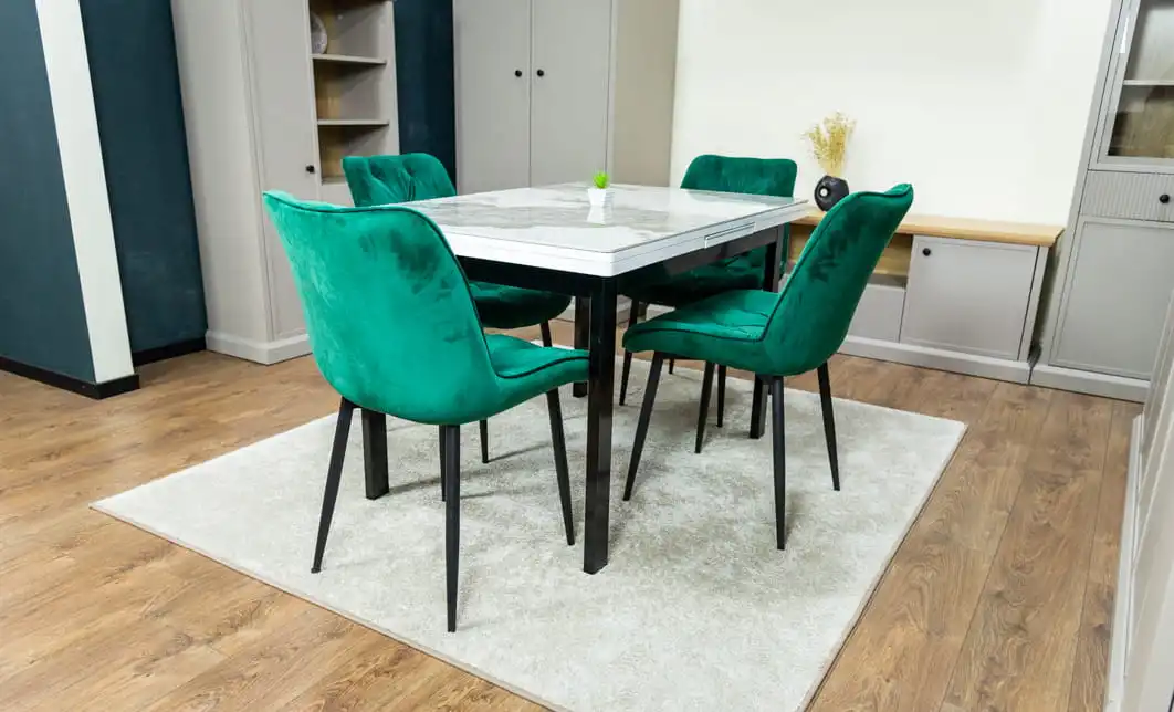 Set Masă Living Extensibilă Blat Ceramic KJT416 Alb-Cappuccino cu 4 Scaune KJC0357 Verzi