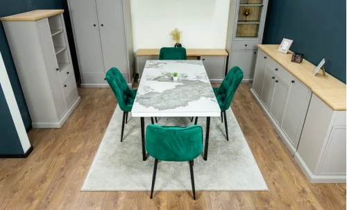 Set Masă Living Extensibilă Blat Ceramic KJT416 Alb-Cappuccino cu 4 Scaune KJC0357 Verzi