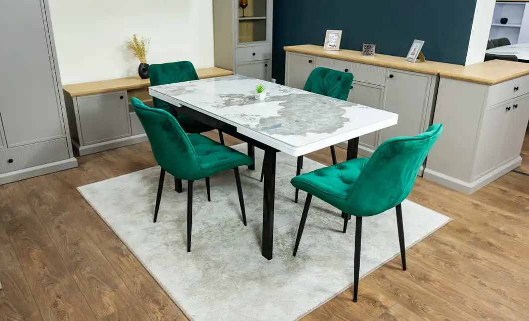Set Masă Living Extensibilă Blat Ceramic KJT416 Alb-Cappuccino cu 4 Scaune KJC0357 Verzi 4