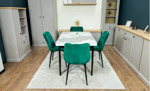 Set Masă Living Extensibilă Blat Ceramic KJT416 Alb-Cappuccino cu 4 Scaune KJC0357 Verzi