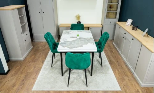 Set Masă Living Extensibilă Blat Ceramic KJT416 Alb-Cappuccino cu 4 Scaune KJC0357 Verzi