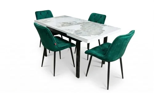 Set Masă Living Extensibilă Blat Ceramic KJT416 Alb-Cappuccino cu 4 Scaune KJC0357 Verzi