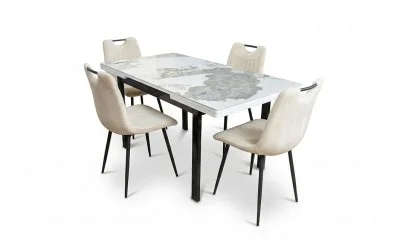 Set Masă Living Extensibilă Blat Ceramic KJT416 Alb-Cappuccino cu 4 Scaune KJC0358 Bej