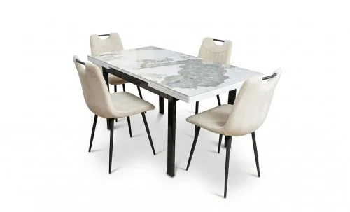 Set Masă Living Extensibilă Blat Ceramic KJT416 Alb-Cappuccino cu 4 Scaune KJC0358 Bej