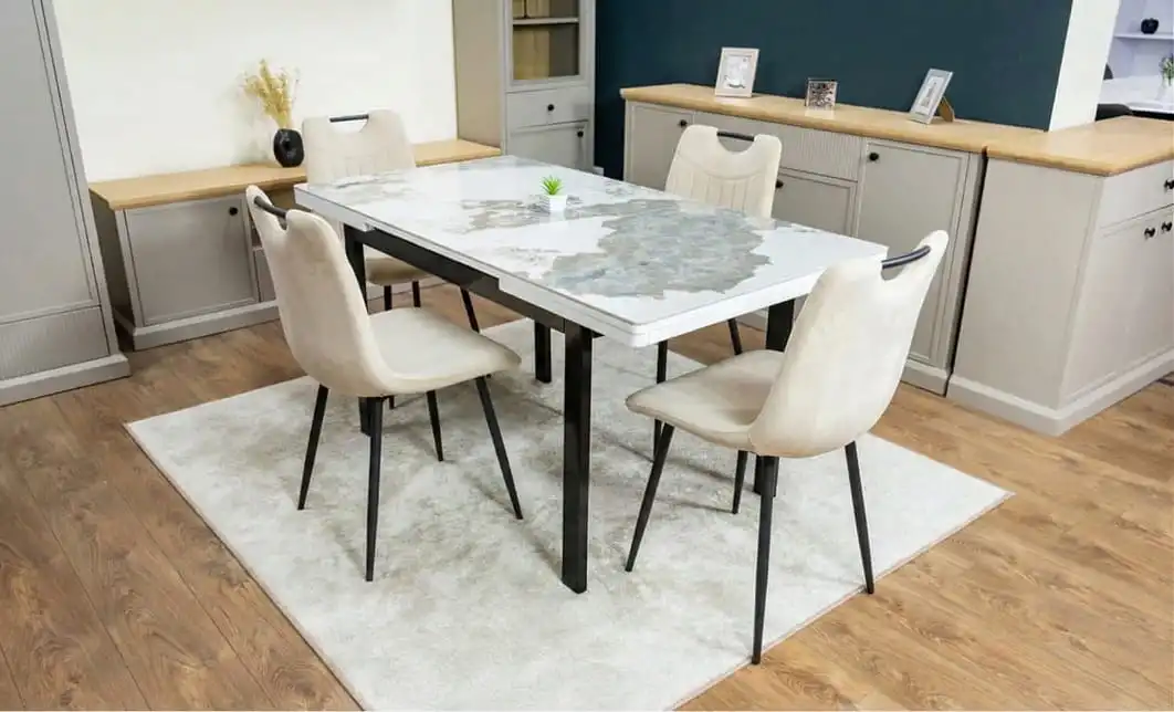 Set Masă Living Extensibilă Blat Ceramic KJT416 Alb-Cappuccino cu 4 Scaune KJC0358 Bej