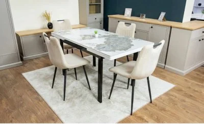 Set Masă Living Extensibilă Blat Ceramic KJT416 Alb-Cappuccino cu 4 Scaune KJC0358 Bej