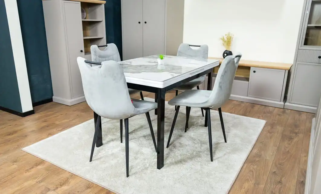 Set Masă Living Extensibilă Blat Ceramic KJT416 Alb-Cappuccino cu 4 Scaune KJC0358 Gri