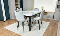 Set Masă Living Extensibilă Blat Ceramic KJT416 Alb-Cappuccino cu 4 Scaune KJC0358 Gri