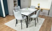 Set Masă Living Extensibilă Blat Ceramic KJT416 Alb-Cappuccino cu 4 Scaune KJC0358 Gri