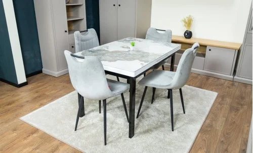 Set Masă Living Extensibilă Blat Ceramic KJT416 Alb-Cappuccino cu 4 Scaune KJC0358 Gri