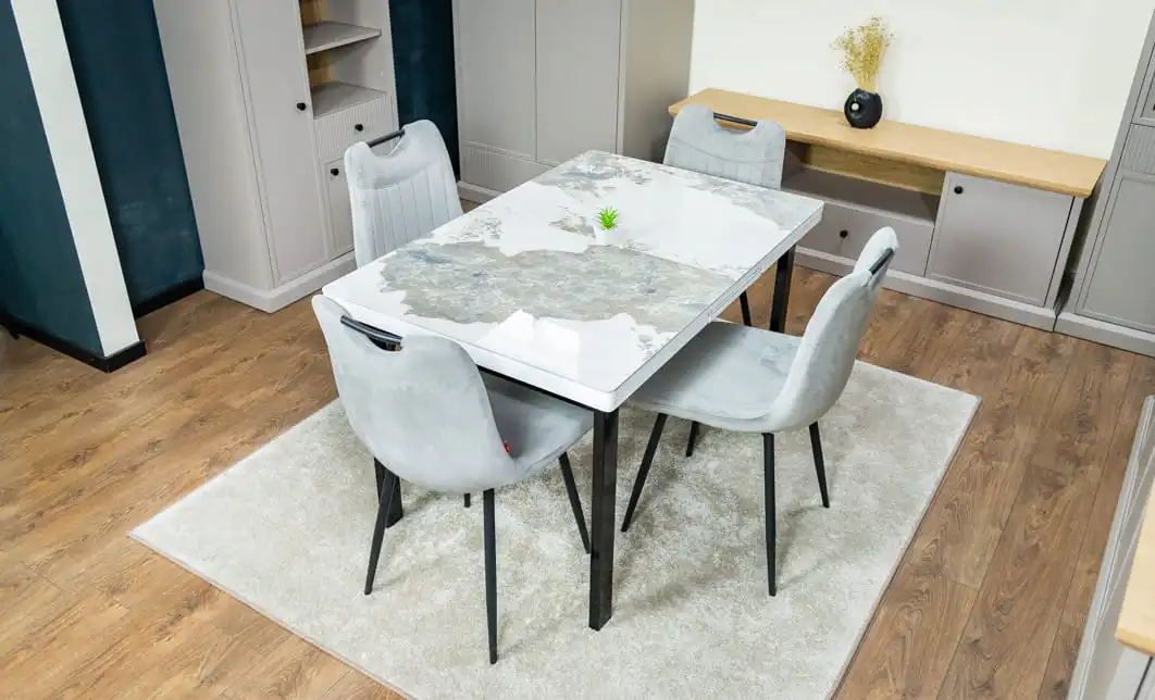 Set Masă Living Extensibilă Blat Ceramic KJT416 Alb-Cappuccino cu 4 Scaune KJC0358 Gri
