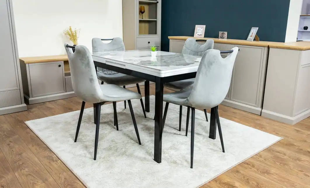 Set Masă Living Extensibilă Blat Ceramic KJT416 Alb-Cappuccino cu 4 Scaune KJC0358 Gri 4