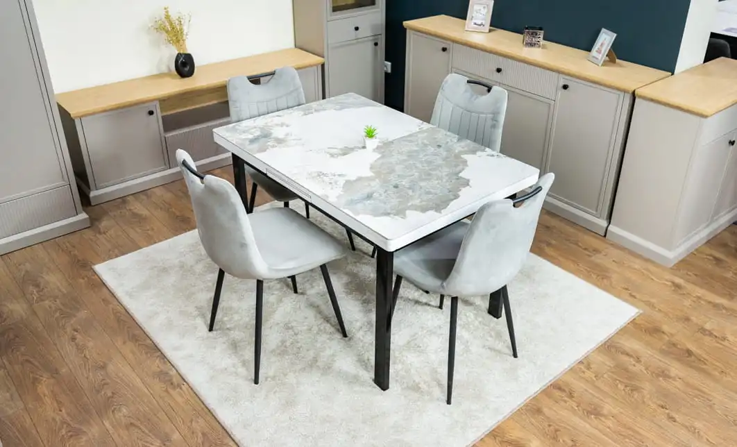 Set Masă Living Extensibilă Blat Ceramic KJT416 Alb-Cappuccino cu 4 Scaune KJC0358 Gri 5