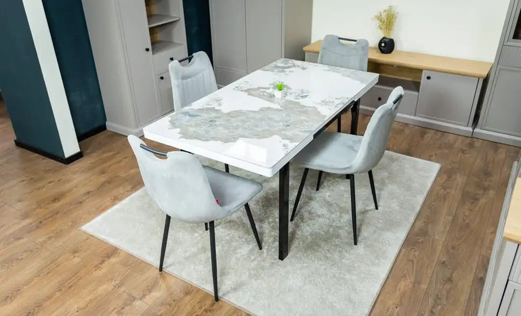 Set Masă Living Extensibilă Blat Ceramic KJT416 Alb-Cappuccino cu 4 Scaune KJC0358 Gri