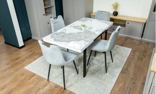 Set Masă Living Extensibilă Blat Ceramic KJT416 Alb-Cappuccino cu 4 Scaune KJC0358 Gri