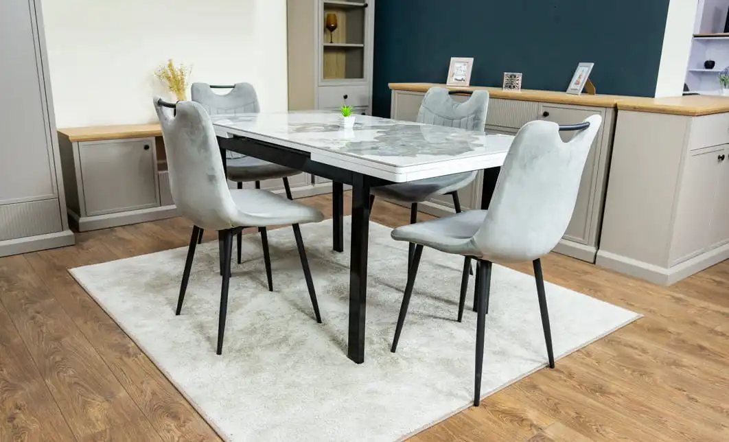 Set Masă Living Extensibilă Blat Ceramic KJT416 Alb-Cappuccino cu 4 Scaune KJC0358 Gri 3