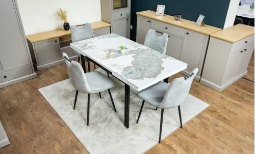 Set Masă Living Extensibilă Blat Ceramic KJT416 Alb-Cappuccino cu 4 Scaune KJC0358 Gri