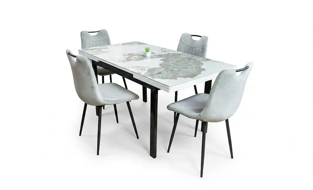 Set Masă Living Extensibilă Blat Ceramic KJT416 Alb-Cappuccino cu 4 Scaune KJC0358 Gri 1