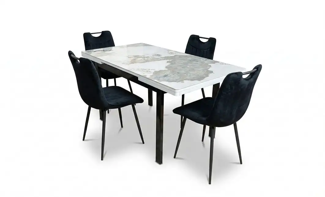 Set Masă Living Extensibilă Blat Ceramic KJT416 Alb-Cappuccino cu 4 Scaune KJC0358 Negre 1