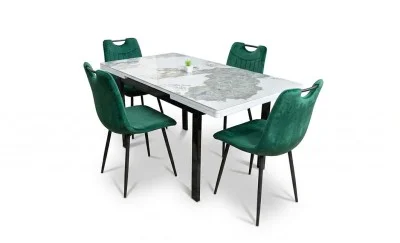 Set Masă Living Extensibilă Blat Ceramic KJT416 Alb-Cappuccino cu 4 Scaune KJC0358 Verzi