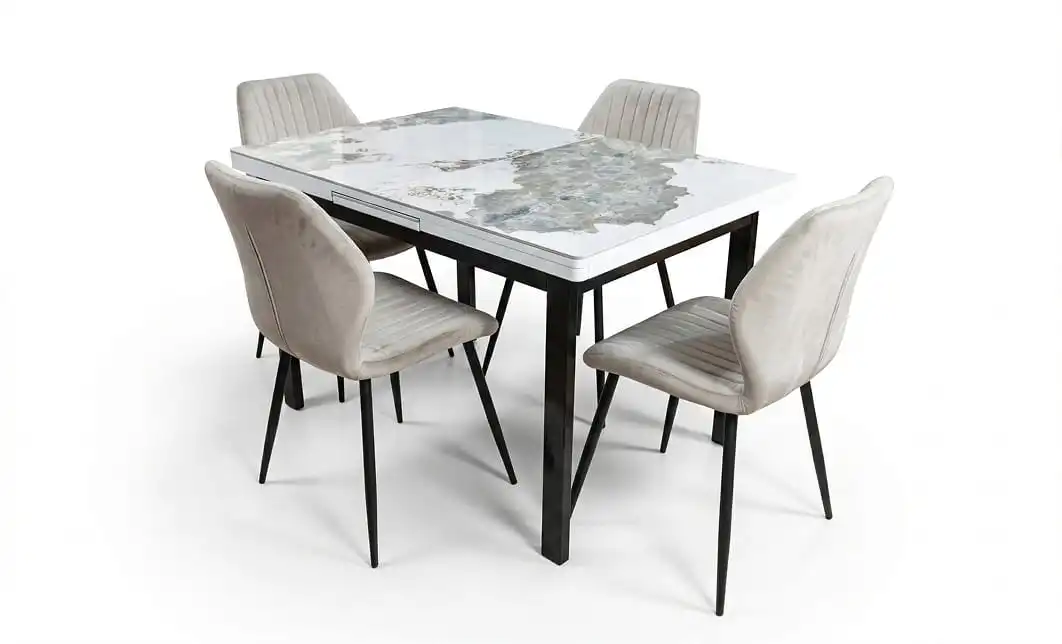 Set Masă Living Extensibilă Blat Ceramic KJT416 Alb-Cappuccino cu 4 Scaune KJC104 Bej 1