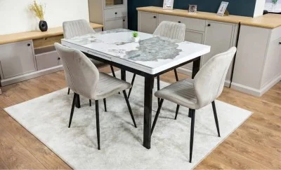 Set Masă Living Extensibilă Blat Ceramic KJT416 Alb-Cappuccino cu 4 Scaune KJC104 Bej