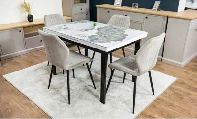 Set Masă Living Extensibilă Blat Ceramic KJT416 Alb-Cappuccino cu 4 Scaune KJC104 Bej