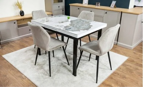 Set Masă Living Extensibilă Blat Ceramic KJT416 Alb-Cappuccino cu 4 Scaune KJC104 Bej