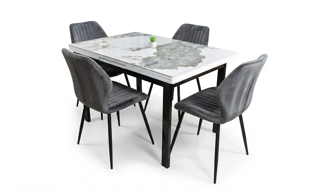 Set Masă Living Extensibilă Blat Ceramic KJT416 Alb-Cappuccino cu 4 Scaune KJC104 Gri 1