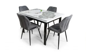 Set Masă Living Extensibilă Blat Ceramic KJT416 Alb-Cappuccino cu 4 Scaune KJC104 Gri