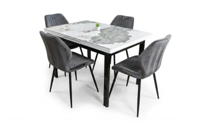 Set Masă Living Extensibilă Blat Ceramic KJT416 Alb-Cappuccino cu 4 Scaune KJC104 Gri