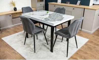 Set Masă Living Extensibilă Blat Ceramic KJT416 Alb-Cappuccino cu 4 Scaune KJC104 Gri
