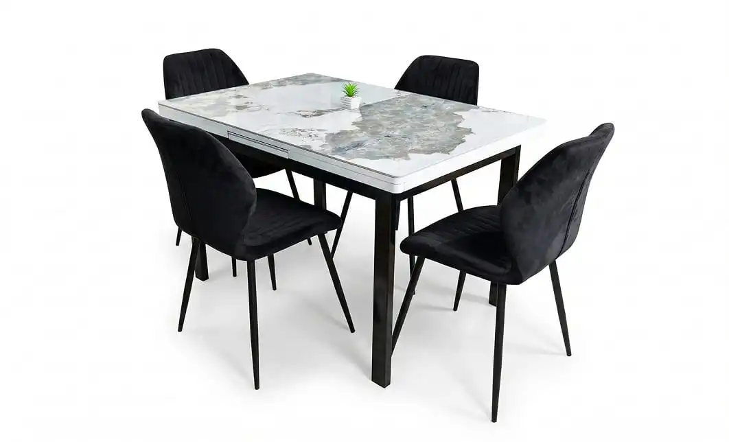 Set Masă Living Extensibilă Blat Ceramic KJT416 Alb-Cappuccino cu 4 Scaune KJC104 Negre 1