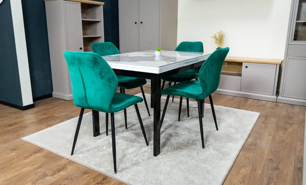 Set Masă Living Extensibilă Blat Ceramic KJT416 Alb-Cappuccino cu 4 Scaune KJC104 Verzi 10