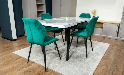 Set Masă Living Extensibilă Blat Ceramic KJT416 Alb-Cappuccino cu 4 Scaune KJC104 Verzi