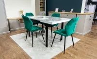 Set Masă Living Extensibilă Blat Ceramic KJT416 Alb-Cappuccino cu 4 Scaune KJC104 Verzi 4