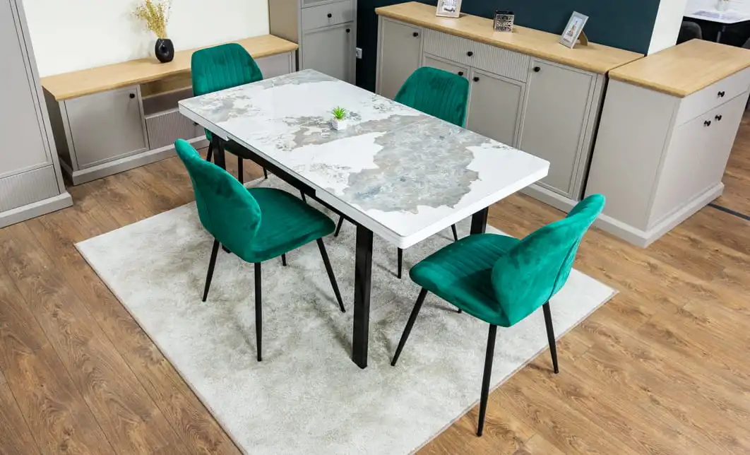 Set Masă Living Extensibilă Blat Ceramic KJT416 Alb-Cappuccino cu 4 Scaune KJC104 Verzi 5