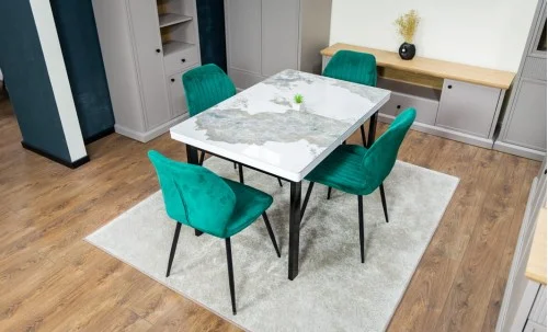 Set Masă Living Extensibilă Blat Ceramic KJT416 Alb-Cappuccino cu 4 Scaune KJC104 Verzi