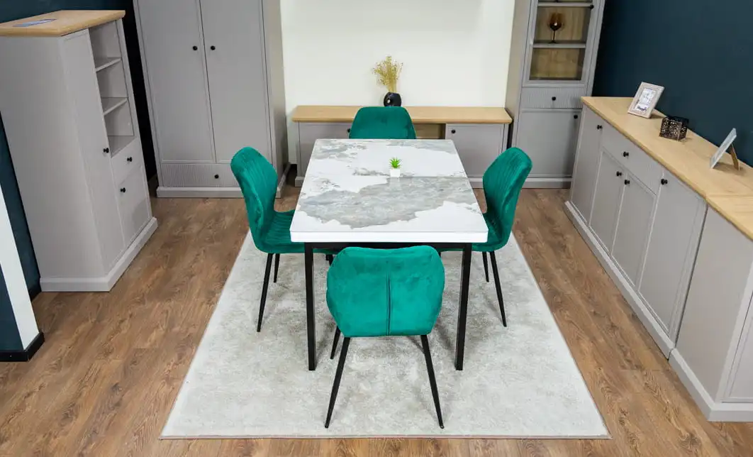 Set Masă Living Extensibilă Blat Ceramic KJT416 Alb-Cappuccino cu 4 Scaune KJC104 Verzi 9