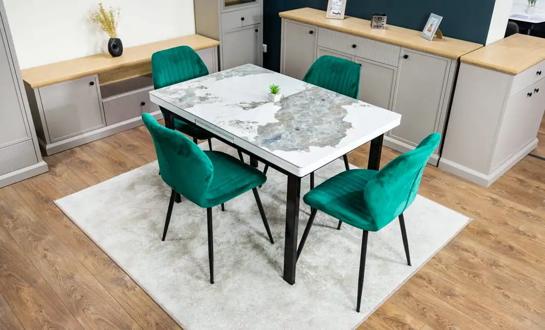 Set Masă Living Extensibilă Blat Ceramic KJT416 Alb-Cappuccino cu 4 Scaune KJC104 Verzi 2