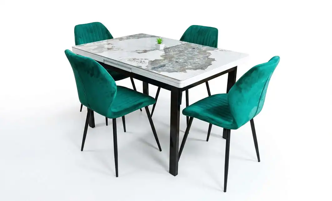 Set Masă Living Extensibilă Blat Ceramic KJT416 Alb-Cappuccino cu 4 Scaune KJC104 Verzi 1