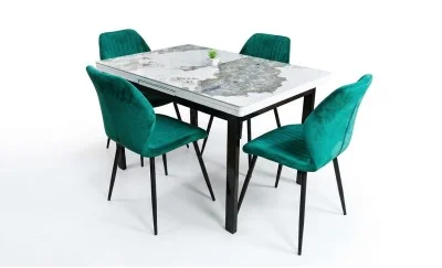 Set Masă Living Extensibilă Blat Ceramic KJT416 Alb-Cappuccino cu 4 Scaune KJC104 Verzi