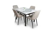 Set Masă Living Extensibilă Blat Ceramic KJT416 Alb-Cappuccino cu 4 Scaune KJC176 Bej