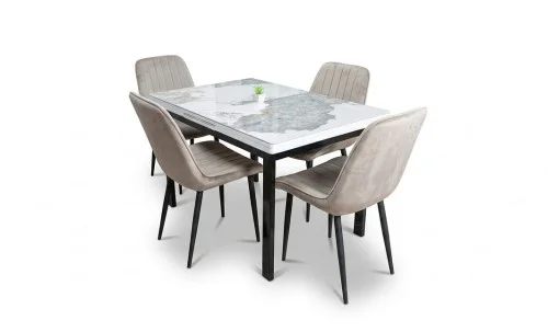 Set Masă Living Extensibilă Blat Ceramic KJT416 Alb-Cappuccino cu 4 Scaune KJC176 Bej