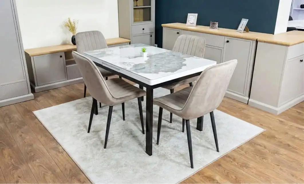 Set Masă Living Extensibilă Blat Ceramic KJT416 Alb-Cappuccino cu 4 Scaune KJC176 Bej