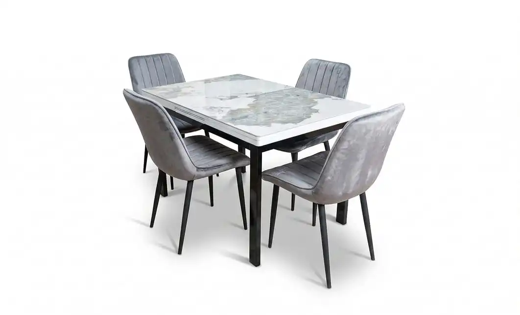 Set Masă Living Extensibilă Blat Ceramic KJT416 Alb-Cappuccino cu 4 Scaune KJC176 Gri 1