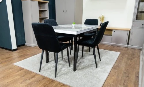 Set Masă Living Extensibilă Blat Ceramic KJT416 Alb-Cappuccino cu 4 Scaune KJC176 Negre