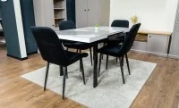 Set Masă Living Extensibilă Blat Ceramic KJT416 Alb-Cappuccino cu 4 Scaune KJC176 Negre